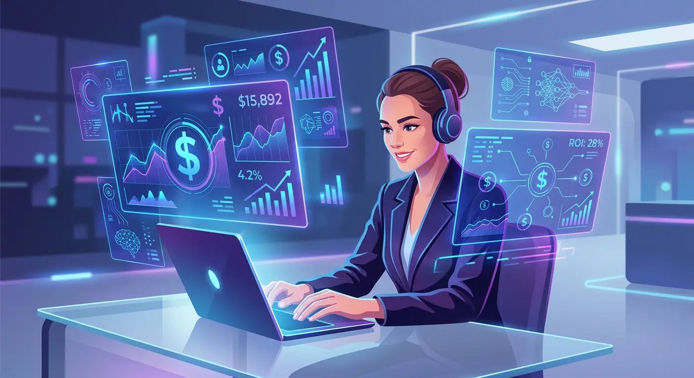 AI income strategies visualization showing person working with AI tools